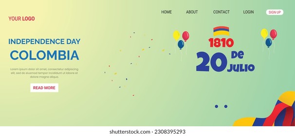 Colombia independence day landing page banner with waving flag . 20 July Colombia National Day