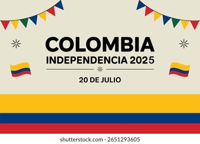 Colombia Independence Day sign, independencia 2025, 20 de julio, patriotic celebration, national holiday, festive design, flag illustration