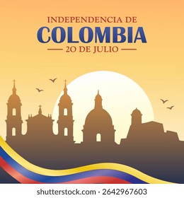 Dia da Independência da Colômbia com uma silhueta de edifícios icônicos e um sol nascente ao fundo. Ilustração vetorial
