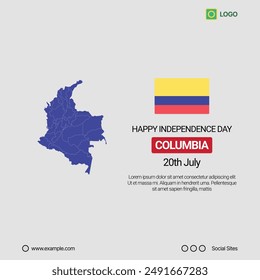 Colombia Independence Day Social Media Banner, Editable Vector Design with Map and Flag