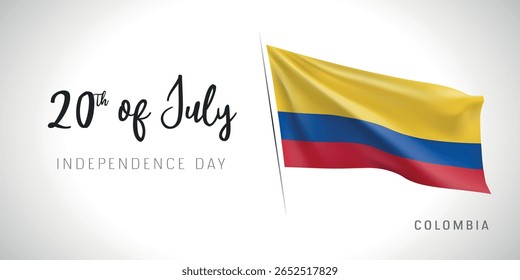 Colombia independence day vector banner, greeting card. Colombian wavy flag in 20th of July patriotic holiday horizontal design with realistic flag