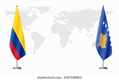 Colombia and Kosovo flags for official meeting against background of world map.