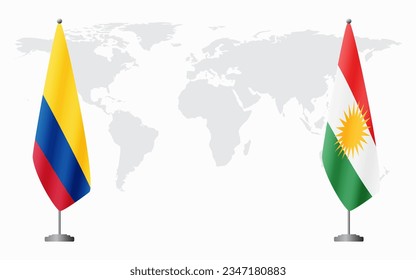 Colombia and Kurdistan flags for official meeting against background of world map.