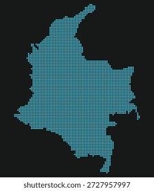 Mapa punteado azul claro de Colombia sobre fondo negro para centros de seguridad cibernética. 
