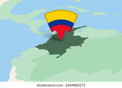 Colômbia Localização Destaque no mapa americano com ícone de bandeira. Design detalhado do vetor.