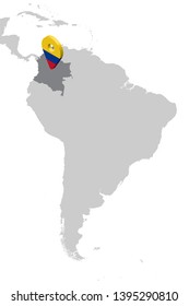 Colombia Location Map on map South America. 3d Colombia flag map marker location pin. High quality map of Colombia.  Vector illustration EPS10.