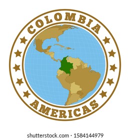 Colombia logo. Round badge of country with map of Colombia in world context. Country sticker stamp with globe map and round text. Vector illustration.