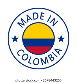Colombia Hecho en el sello en el círculo con la Plantilla de Vector de la bandera en el fondo blanco