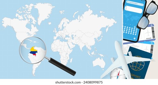 Colombia is magnified over a World Map, illustration with airplane, passport, boarding pass, compass and eyeglasses. Vector illustration.