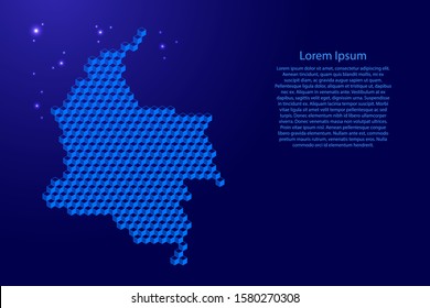 Colombia map from 3D blue cubes isometric abstract concept, square pattern, angular geometric shape, glowing stars. Vector illustration.