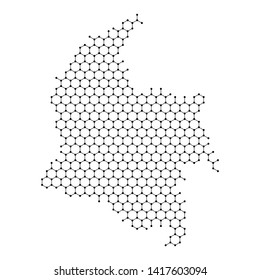 Colombia map from abstract futuristic hexagonal shapes, lines, points black, in the form of honeycomb or molecular structure. Vector illustration.