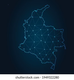 Kolombia Karte Abstrakte Maislinie und Punktwaage auf dunklem Hintergrund. Draht-Rahmen 3D-Maschenpolygonale Netzlinie.