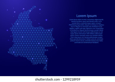 Colombia map abstract schematic from blue lines repeating pattern geometric background with rhombus and nodes with space stars for banner, poster, greeting card. Vector illustration.