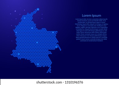 Colombia map map abstract schematic from blue triangles repeating pattern geometric background with nodes and space stars for banner, poster, greeting card. Vector illustration.