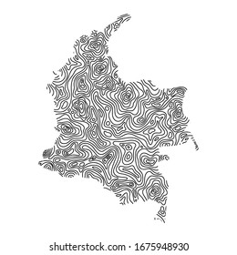 Colombia map from black isolines or level line geographic topographic map grid. Vector illustration.