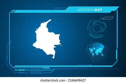 Mapa colombiano del marco digital azul HUD, GUI, interfaz de interfaz de usuario vector de radar.