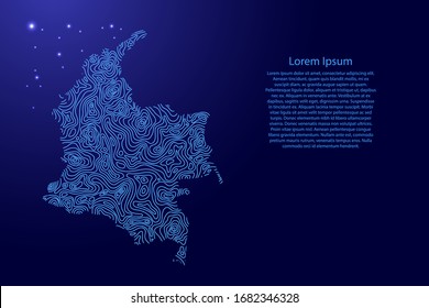 Mapa colombiano de aislados azules o líneas de nivel geográfico mapa topográfico y brillantes estrellas espaciales. Ilustración vectorial.