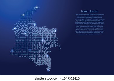 Colombia map from blue pattern of the maze grid and glowing space stars grid. Vector illustration.
