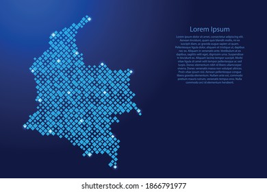 Colombia map from blue pattern rhombuses of different sizes and glowing space stars grid. Vector illustration.