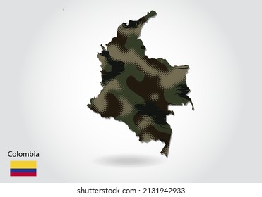 colombia map with camouflage pattern, Forest - green texture in map. Military concept for army, soldier and war. coat of arms, flag.