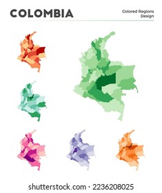 Colombia map collection. Borders of Colombia for your infographic. Colored country regions. Vector illustration.