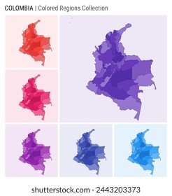 Colección de mapas de Colombia. Forma de país con regiones de color. Paletas de colores Deep Purple, Red, Pink, Purple, Indigo, Blue. Frontera de Colombia con provincias para su infografía. Ilustración vectorial.