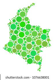 Colombia Map composition of random circle elements in various sizes and eco green shades. Vector round elements are combined into colombia map mosaic. Eco cartography map design concept.