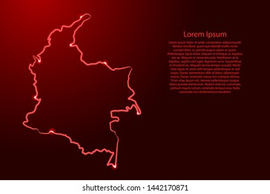 Colombia map from the contour red brush lines different thickness and glowing stars on dark background. Vector illustration.