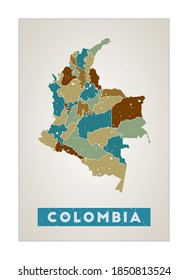 Colombia map. Country poster with regions. Old grunge texture. Shape of Colombia with country name. Superb vector illustration.