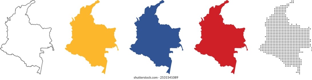 Mapa da Colômbia detalhado em estilo de contorno, plano e pontilhado