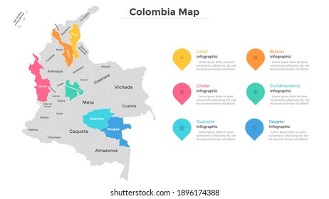 Colombia map divided into federal states. Territory of country with regional borders. Colombian administrative division. Infographic design template. Vector illustration for touristic guide, banner.