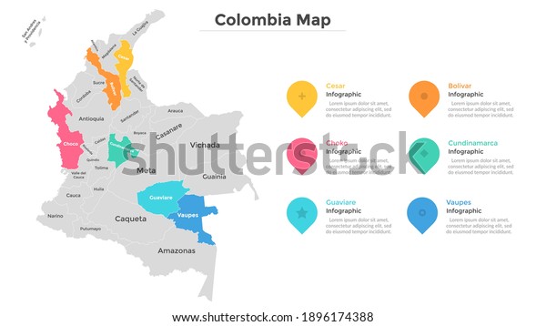 Colombia map divided into federal states.\
Territory of country with regional borders. Colombian\
administrative division. Infographic design template. Vector\
illustration for touristic guide,\
banner.