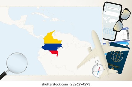 Mapa y bandera de Colombia, avión de carga en el mapa detallado de Colombia con bandera, pasaporte, lupa y avión. Plantilla de vectores.