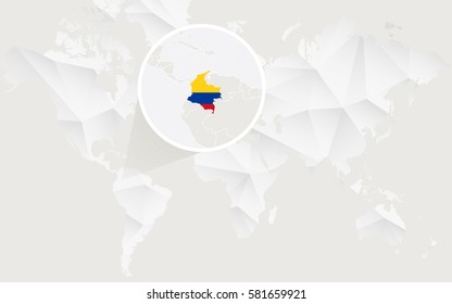 Colombia map with flag in contour on white polygonal World Map. Vector Illustration.