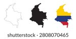 Colombia map and flag, country outline, silhouette, and colored version