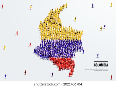 Colombia Map and Flag. A large group of people in the Colombia flag color form to create the map. Vector Illustration.