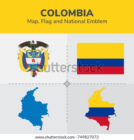 Colombia Map, Flag and National Emblem 