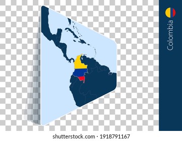 Mapa y bandera de Colombia sobre fondo transparente. Destacó Colombia en el mapa del vector azul.