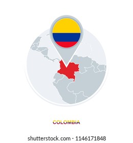 Colombia map and flag, vector map icon with highlighted Colombia