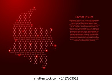 Colombia map from futuristic hexagonal shapes, lines, points red and glowing stars in nodes, form of honeycomb or molecular structure for banner, poster, greeting card. Vector illustration.