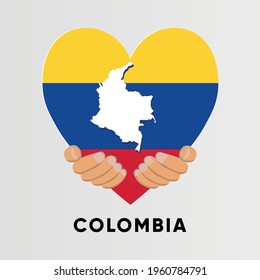 Colombia Map in heart shape hold by hands vector illustration design