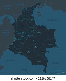 Mapa de Colombia. Mapa detallado de Colombia con países, fronteras, ciudades, objetos de agua. Ilustración vectorial eps10.