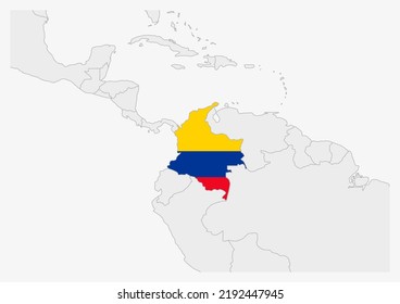 Colombia map highlighted in Colombia flag colors, gray map with neighboring countries.