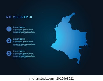 Colombia map, infographic style , on dark background with Map World. Wire frame 3D mesh , map 3D,