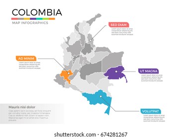 Colombia map infographics vector template with regions and pointer marks