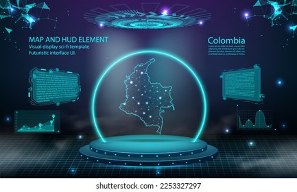 colombia map light connecting effect background. abstract digital technology UI, GUI, futuristic HUD Virtual Interface with colombia map. Stage futuristic podium in fog.