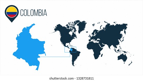 Colombia map located on a world map with flag and map pointer or pin. Infographic map. Vector illustration isolated on white background.