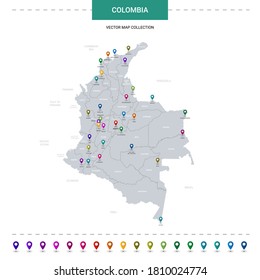 Colombia map with location pointer marks. Infographic vector template, isolated on white background.