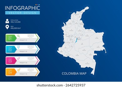 Mapa da Colômbia com marcas de ponteiro de localização. Mapa de país altamente detalhado com divisão, cidades e capital modelo infográfico. Ilustração vetorial EPS10