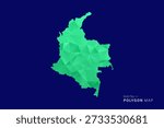 Colombia Map - low poly polygon vector, geometric triangulated silhouette in green and blue tones, clean modern style, isolated background for infographic use.